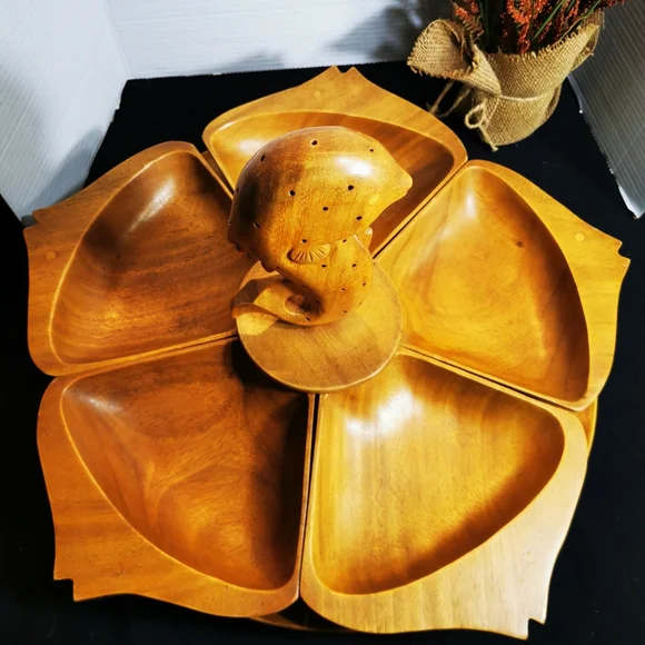 Vintage Wooden Lazy Susan Carved Fish Serving Tray Monkeypod - Picture 4 of 17